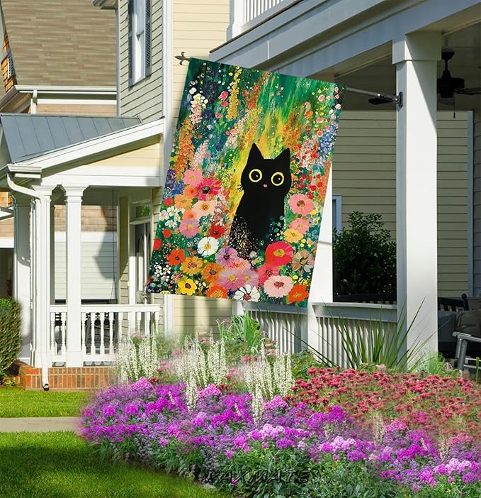 Spring Summer Cat House Flag 28x40 Double Sided Funny Black Cat Flower Floral Welcome Large Burlap Yard Flag Outdoor Outside Decoration