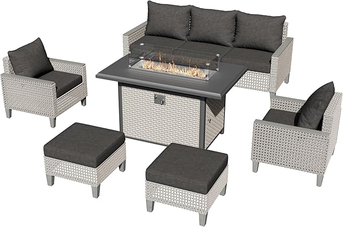 8 Pieces Patio Furniture Set with Fire Pit Table and Ottomans, Modern Outdoor Sectional Sofa with Comfy Cushions, Modular Wicker Rattan Patio Conversation Set, Black