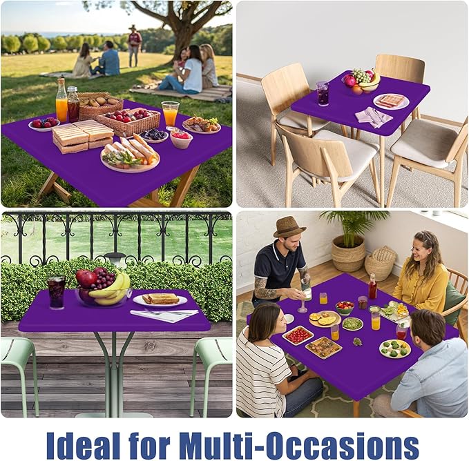 Moosfor Spandex Picnic Table Cloth 2 Pack, Elastic Fitted Tablecloths for Square Tables, Stretch Washable Patio Table Cover for Outdoor, Camping, Banquet and Parties (Purple, 34"x34")
