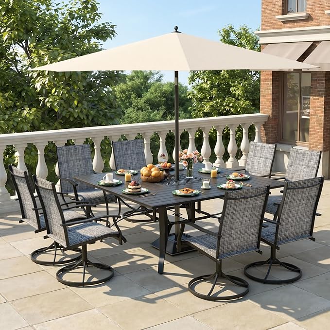 9 Pieces Patio Table and Chairs Set, 59.6" Square Dining Table with Umbrella Hole, 8 High Back Textilene Swivel Chairs,Dining Table Set for 8,Outdoor Furniture for Porch Deck Yard Balcony, Grey