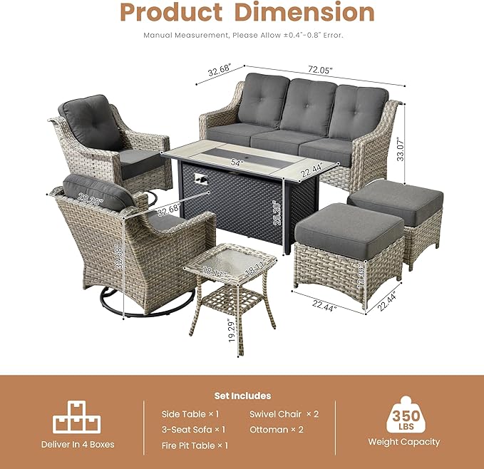 HOOOWOOO Patio Furniture Set,7 Pieces Wicker Outdoor Furniture,High Back Conversation Set with All Weather Resistant Fire Pit Table Couch Swivel Chairs Ottomans,Denim Blue