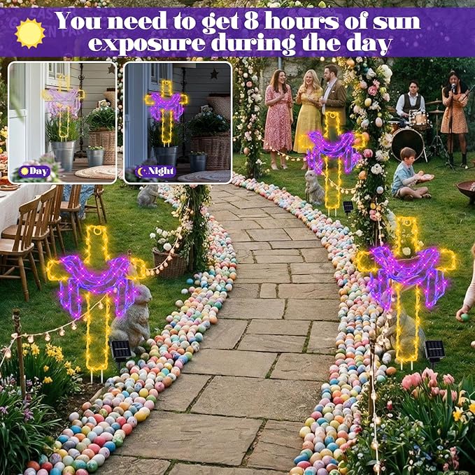 Retisee 3 Pack Easter Cross Solar Garden Lights Outdoor-12 Inch LED Lighted Cross Yard Stakes, Waterproof Solar Lamps,Religious Pathway Lawn Decorations for Easter Church Memorial Garden