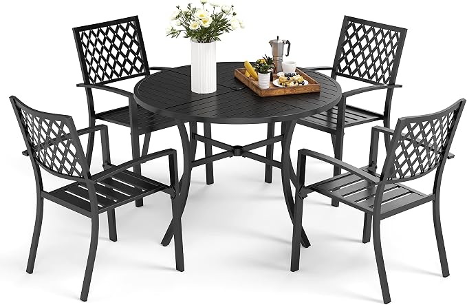 MFSTUDIO Round Outdoor Table and Chairs Set for 4 | Durable metal frame.Includes 4 chairs&patio table w/ umbrella hole.Perfect for deck,yard or patio.