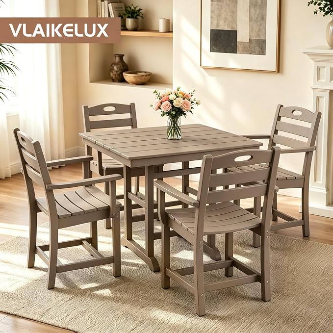 Outdoor Patio Dining Square Table and Armchair 5 Piece Set, Brown | HDPE Material, 1.77" Umbrella Hole, All-Weather, Patio Furniture, Table and 4 Chairs, For Backyard, Deck, Garden