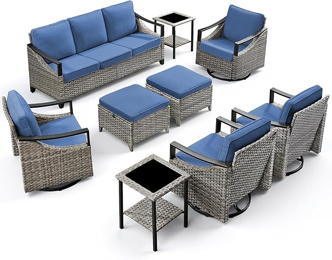 9 Piece Outdoor Patio Furniture Sets-High Back Wicker Swivel Rocker Patio Chairs Set of 4 with Thick Cushions Ottomans, Outdoor Sofa, Patio Conversation Sets for Porch Balcony Patio Deck Grey/Blue