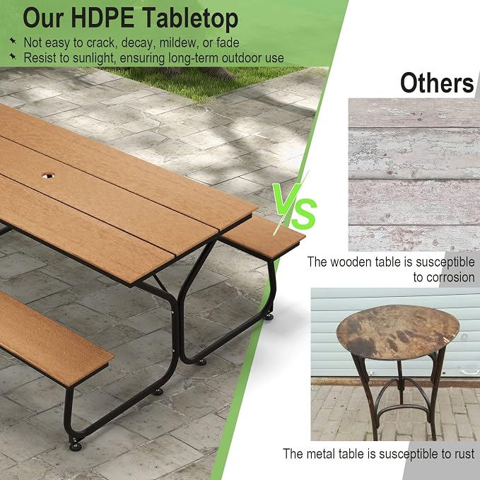 Tangkula 6 Ft HDPE Picnic Table, Plastic Picnic Table with 2 Benches, Umbrella Hole, Heavy-Duty Metal Frame, 8 Adjustable Foot Pads, 6-8 Person Outside Table Bench Set, 2550 lbs Capacity