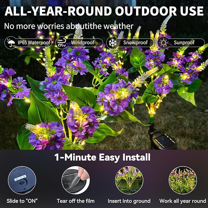 Neporal Solar Flowers Outdoor Waterproof Yellow, Decorative Garden Lights Solar Powered Dusk to Dawn, 8-Stem, 2 Lighting Modes Plants Lights for Yard, Backyard, Porch (Purple-2PK)