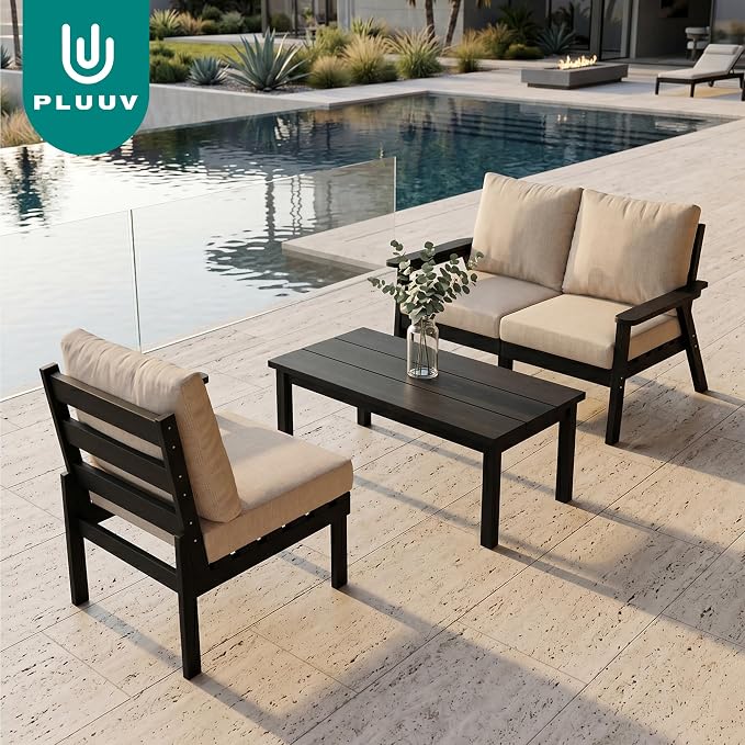PLUUV 4-Piece HDPE Patio Sofa Set, All-Weather Outdoor Sectional Furniture with Thick Cushions, Modular Couch Set for Deck, Lawn, Black Frame with Khaki Cushion