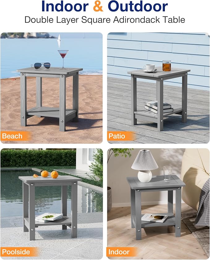 YEFU Outdoor Side Table for Patio: 16" HIPS Weather - Resistant Adirondack Tables Set of 2 - Small Square End Tables for Backyard Pool Porch Balcony - Indoor Outdoor Double Layer Table Grey
