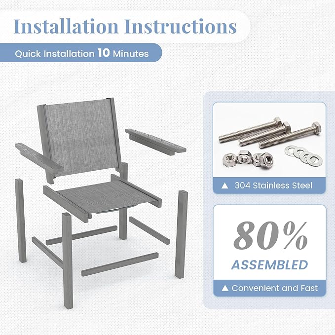 Amopatio HDPE Patio Dining Chair Set of 2 with Armrests - Textilene Outdoor Chair with Wide Seat for Poolside, All Weather UV Resistant Heavy Duty Patio Chair for Backyard Balcony & Deck(Gray)