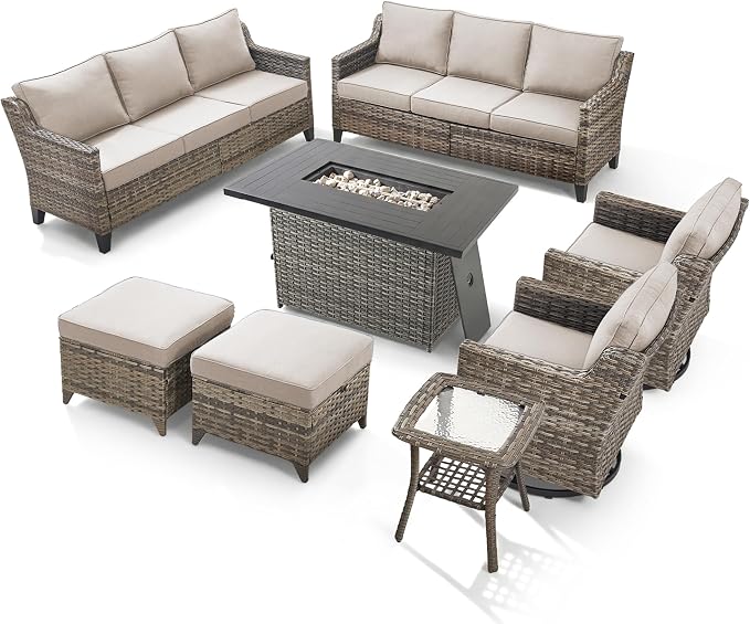 8 Pieces Patio Furniture Set with 42.5" Fire Pit Table-All Weather Wicker Outdoor Furniture with High Back Wicker Patio Chairs Set of 2 Outdoor Couch for Deck Backyard Gray/Beige