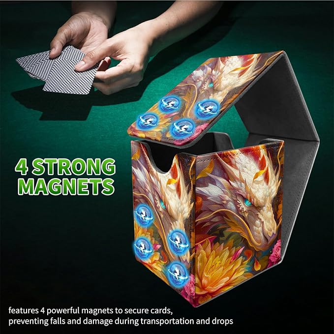 Deck Box for MTG, Cards Storage Box Fits 120+ Sleeved, Leather Medium Size Strong Magnetic Closing Card Case for Board Games Magic TCG CCG Baseball Collection, Lotus White Dragon
