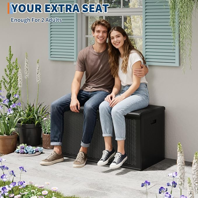 150 Gallon Outdoor Storage Box, Large Waterproof Resin Deck Box Indoor and Outdoor Use, Lockable Patio Storage Box for Garden Cushions, Tools, Equipment, Black
