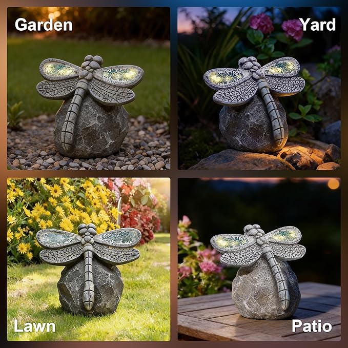 KARTOOSH Solar Garden Statue Dragonfly, Outdoor Decor Resin Dragonfly Light Statues for Yard, Patio, Lawn, Porch, Balcony Ornament, Garden Gift for Women Mom Grandma