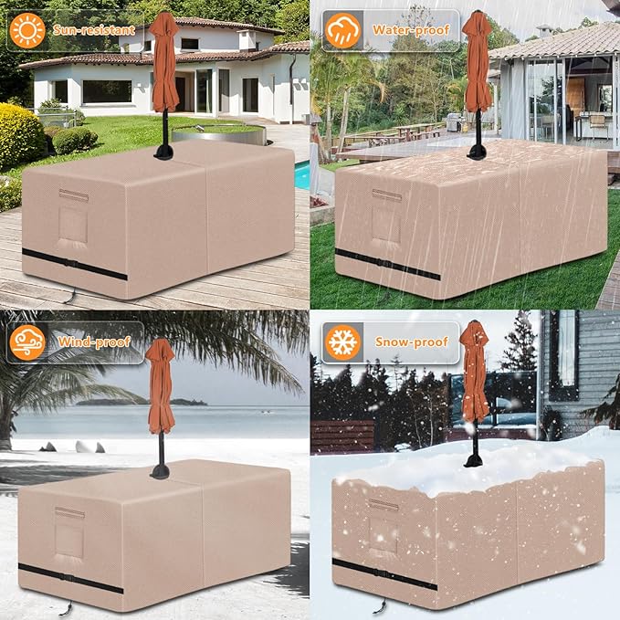 Kovshuiwe Rectangle Patio Table Cover with Umbrella Hole Heavy Duty Waterproof 600D Oxford Fabric Outdoor Lawn Patio Furniture Covers (Square-108 Lx 82" W x 23.6" H), Khaki