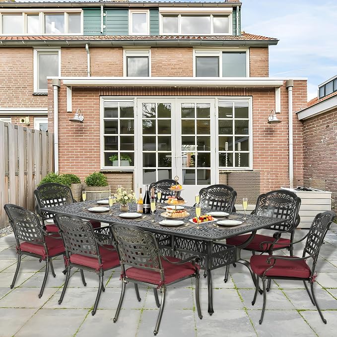 9-Piece Patio Cast Aluminum Dining Set, Outdoor Table and Chairs Set for 8, Includes 94.5" Rectangular Dining Table and 8 Cushioned Chairs with Umbrella Hole for Backyard Lawn Garden, Red