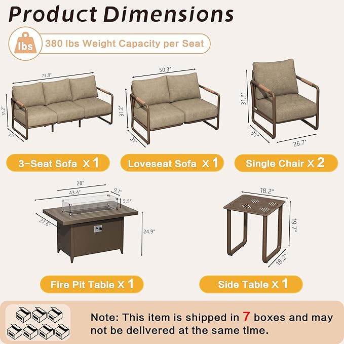 Outdoor Aluminum Patio Furniture Set, 7-Seats Patio Conversation Sofa Set with Oversized Fire Pit Table w/Glass Wind Guard, All Weather for Balcony, Garden-Brown