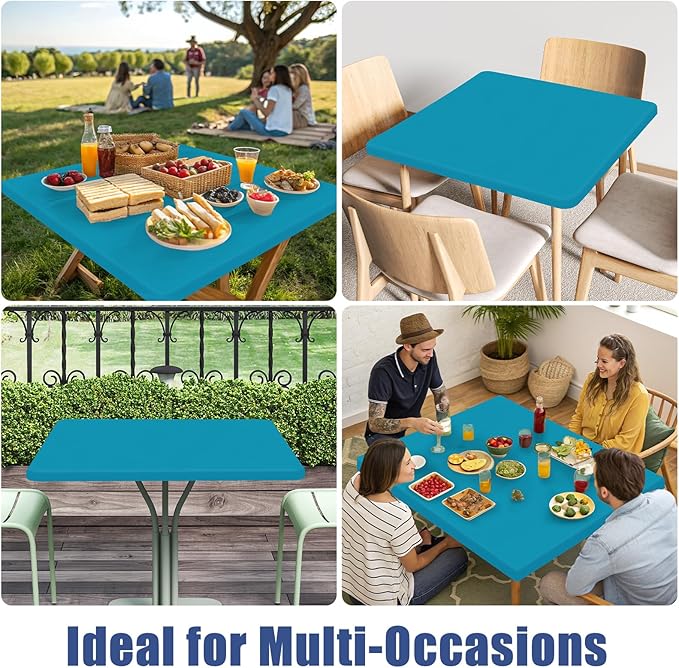 Moosfor Spandex Picnic Table Cloth 2 Pack, Elastic Fitted Tablecloths for Square Tables, Stretch Washable Patio Table Cover for Outdoor, Camping, Banquet and Parties (Teal, 34"x34")