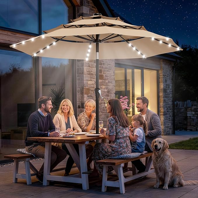 AreShark 9ft 3 Tiers Patio Umbrella with Solar Lights, Outdoor Umbrella w/ 32 LED Lights&8 Sturdy Ribs, Table Umbrella for Deck, Backyard, Pool (Beige)