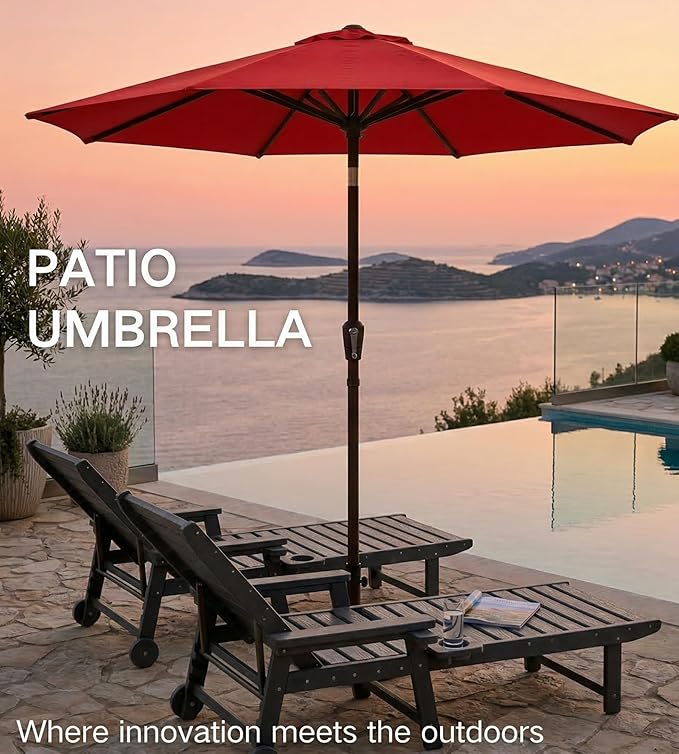 PatioKingdom 9FT Patio Outdoor Umbrella-UPF 50+ Sun Shade with Wind Vent, Push-Button Tilt & Smooth Crank Lift, Rust-Resistant Fiberglass Frame for Garden, Backyard,Yard (Red)