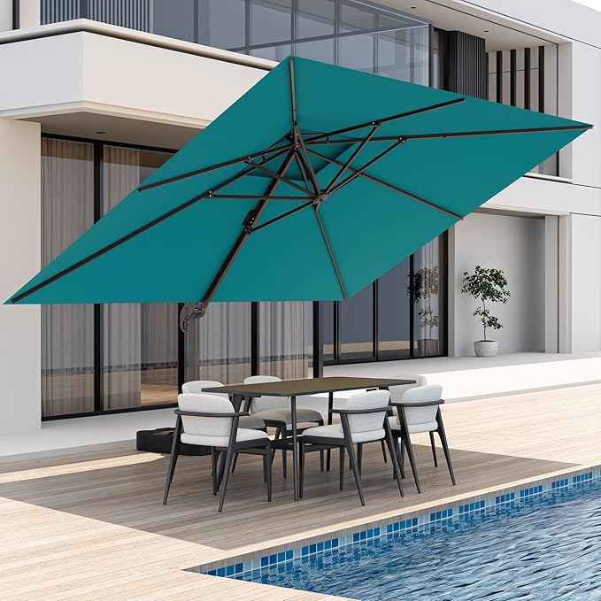 10x13 FT Cantilever Patio Umbrella, Large Rectangular Heavy Duty Offset Outdoor Umbrellas with 360° Rotation for Garden Deck Pool, Turquoise
