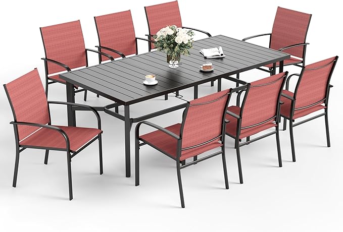 SUNSHINE VALLEY Patio Dining Set 9 PCS, 8 Stable Outdoor Dining Chairs with Rectangular Dining Table, Patio Table and Chairs Set for Lawn,Garden,Deck and Backyard