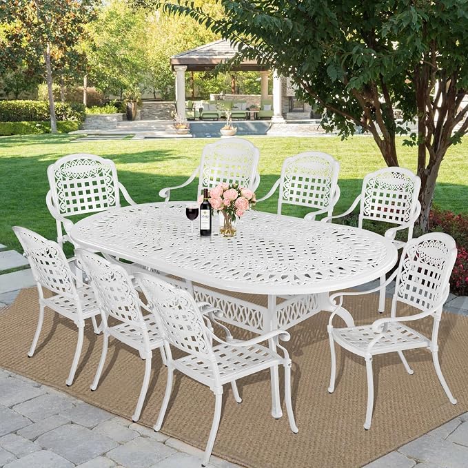 MEETWARM 9-Piece Outdoor Furniture Dining Set, All Weather Cast Aluminum Patio Garden Set with 8 Chairs,1 Oval Table, 2" Umbrella Hole, White