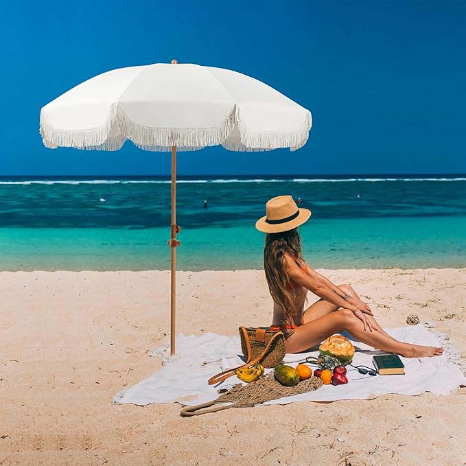 Seazul 7.5ft Patio Umbrella with Fringe, Beach Umbrella, Fringe Umbrella Outdoor Patio with Hanging Hook, Tilting Aluminum Pole, UV 50+, Fiberglass Ribs, Elegant Cream
