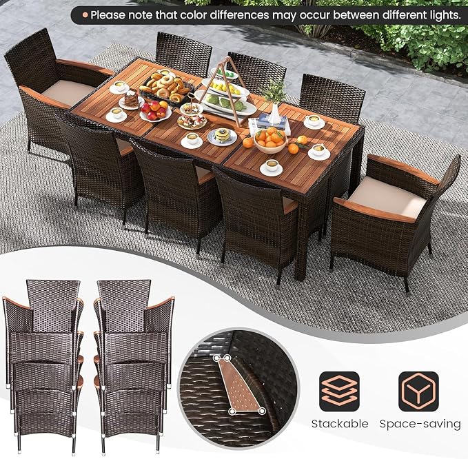 LDAILE Wicker Dining Sets Outdoor Patio, Dining Table Set for 8 Person, Table and Chairs Set with Acacia Wood & Water Resistant Cushions for Backyard Garden, Deuba Brown