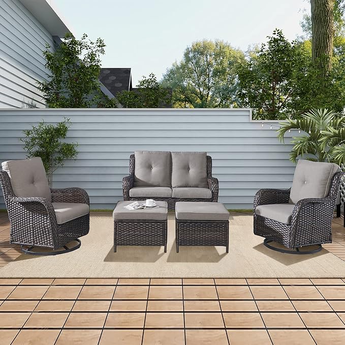 Rilyson Wicker Patio Furniture Set - 5 Piece Rattan Outdoor Sectional Conversation Sets with 2 Rocking Swivel Chairs,2 Ottomans and 1 Loveseat for Porch Deck Garden(Brown/Grey)