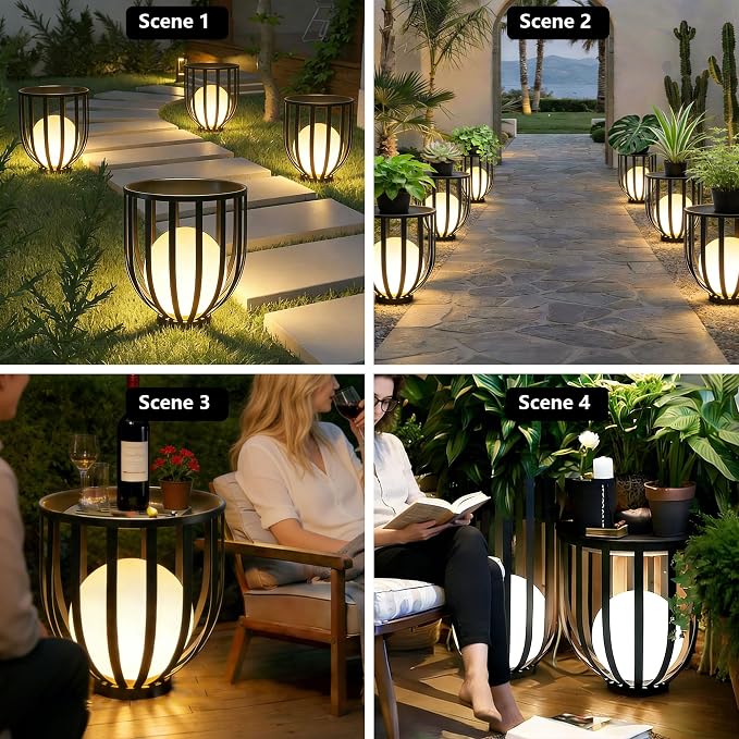 LED Outdoor Side Table, Solar Charging and Remote Control,Built-in Sphere Light,All Weather Metal Decor for Patio & Garden