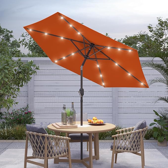 7.5ft Outdoor Umbrella Patio Umbrella with Solar Lights,18 LED Lighted Table Market Outdoor Umbrella, 2-Year-Non-Fading, for Pool, Deck, Garden,Backyard