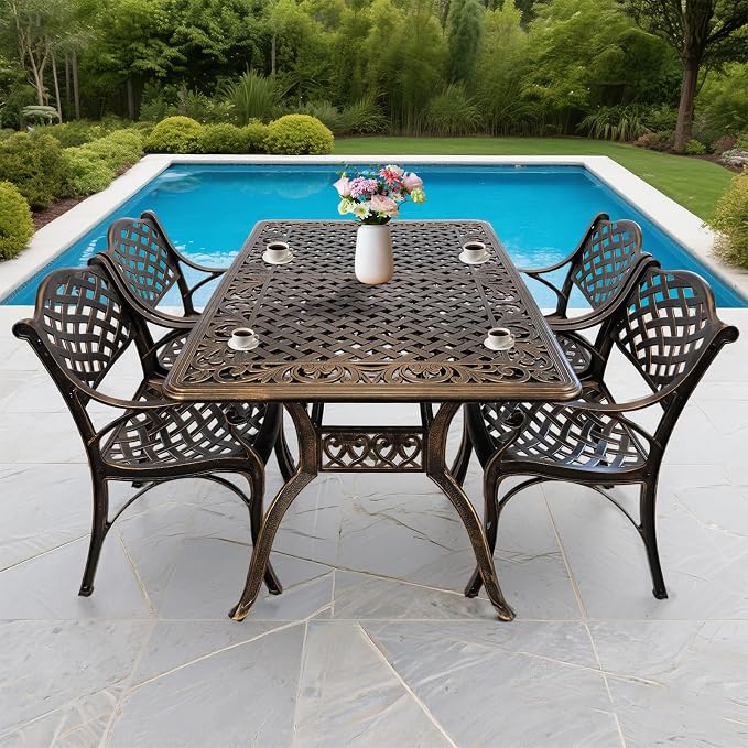 Patio Dinning Set Weather Resistant Cast Aluminum Patio Furniture Set with Umbrella Hole, Bistro Dining Set for Garden (59" x 28" Table C and 4 Chairs Bronze, 5 Pieces)
