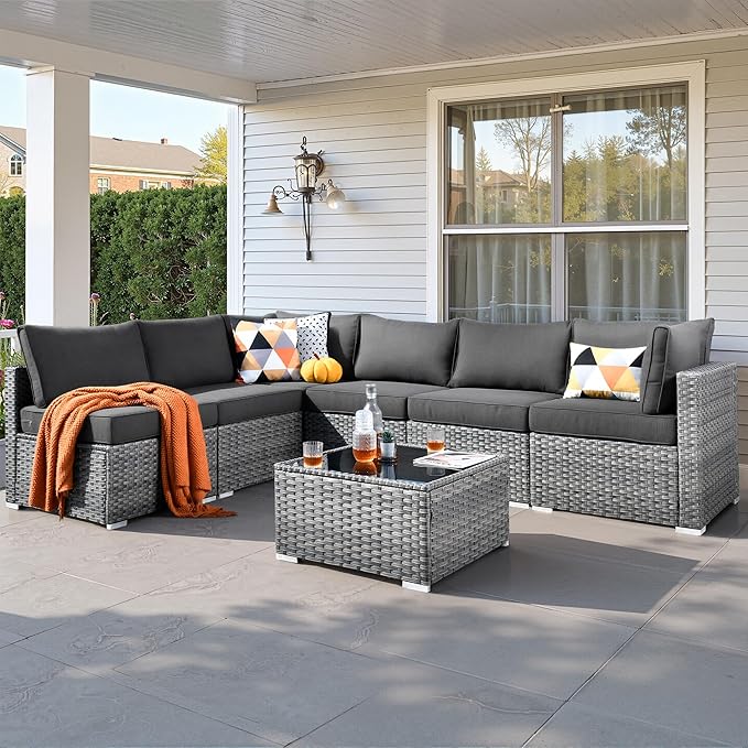 7 PCS Outdoor Patio Furniture Sets,Wicker Weather Resistant Patio Conversation Set with Comfy Cushions,Modular L Shaped Sofa with Coffee Table for Yard Backyard Porch Garden Poolside,Black