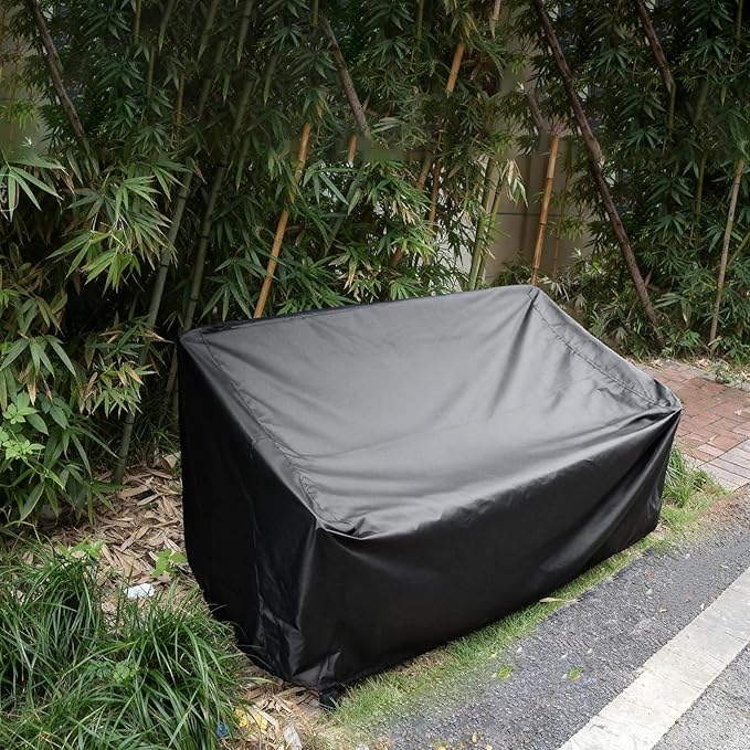 Outdoor Bench Cover Waterproof 210D Heavy Duty Polyester 53L x 26W(D) x 35.4H Inch All Weather Tearproof with Air Vents, Metal/Hardwood Patio Garden Loveseat Furniture (Black)