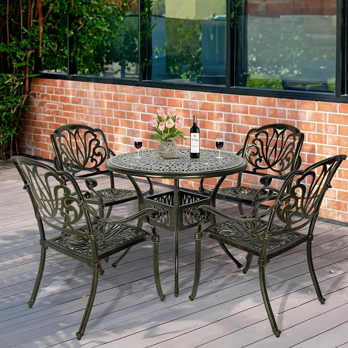 MEETWARM 5 Piece Outdoor Patio Dining Set All-Weather Cast Aluminum Dining Table Chair Set Patio Furniture Set for Backyard Garden Deck, Include 4 Chairs and 1 Round Table