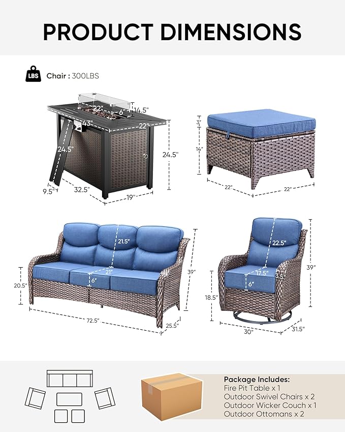 HUMMUH 10 Pieces Outdoor Furniture Set with Fire Pit 6-inch Cushions High Back Patio Furniture Set Wicker Swivel Rocker Chairs Sofa for Porch,Deck,Backyard