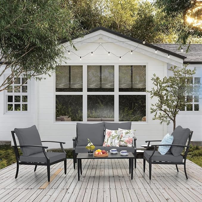 JOYURE 4 Pieces Patio Furniture Set w/loveseat,Coffe Table,Outdoor Conversation Metal Sofa with High Back and Thick Cushion,for Backyard,Garden,Grey