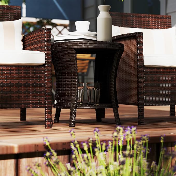 Outsunny 18" Outdoor Wicker Coffee Table, 2-Tier Patio Side Table with Storage, PE Rattan End Table with Composite Wood Top, Steel Frame for Garden Backyard Balcony, Mixed Brown