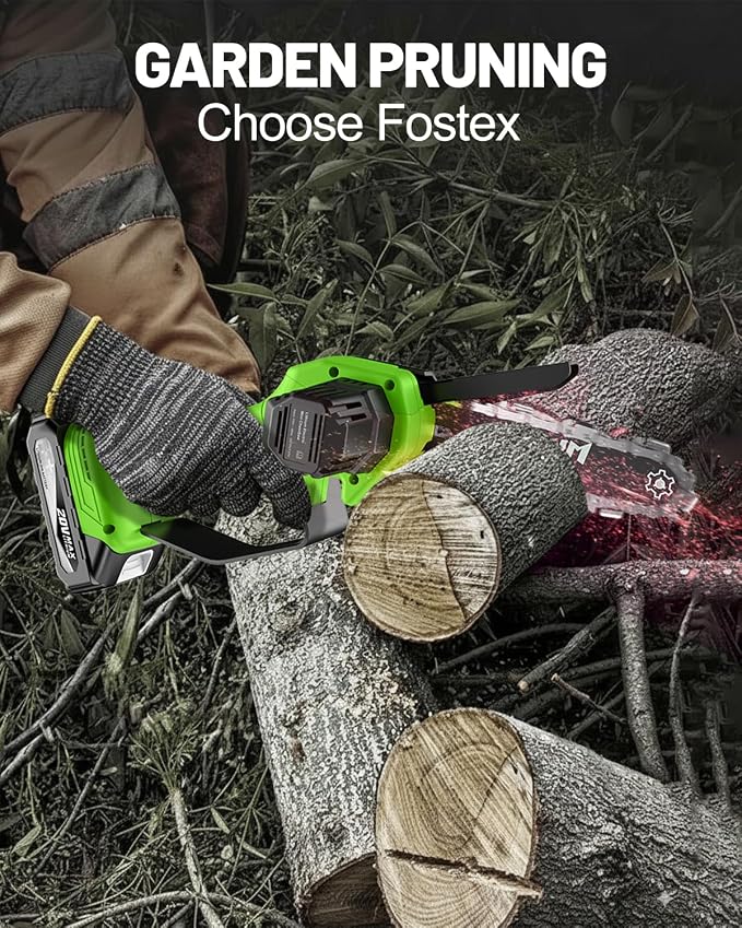 Fostex Mini Chainsaw Cordless, 6 Inch Handheld Electric Chain Saw, 2×2Ah Batteries & 2 Chains, Lightweight Small Tree Trimmer for Wood Cut, Yard & Garden, Ideal Gift for Dad, Men & Women (Green)