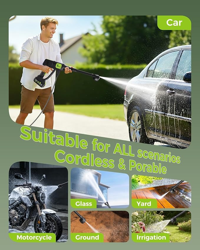 Cordless Car Washer, 1250PSI, Portable Cleaning Tool with 6-in-1 Nozzle, Self-Priming from Bucket, Hose or Tap, Battery Powered for Car, Patio & Garden Cleaning
