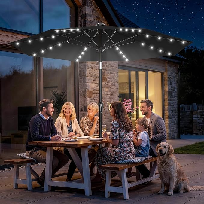 AreShark 9FT Patio Umbrella with Solar Lights, 32 Lighted Pool Umbrella w/Tilt and Crank, Outdoor Market Solar Umbrellas for Garden, Deck, Backyard, Pool and Beach, Black