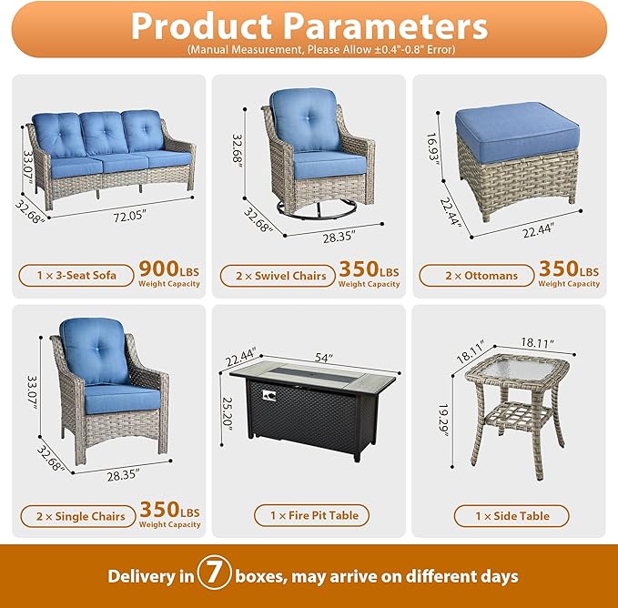 9 PCS Outdoor Patio Furniture Sets,Patio Conversation Sets Outside Rattan Soft Cushion Sofa with 2 Wicker Rocking Chairs & 54 in Fire Pit Table Fit Backyard Porch Garden Poolside Balcony,Diamond Blue