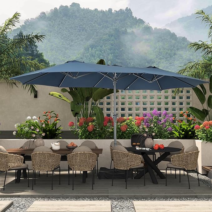 15 ft Patio Umbrella with Base, Large Rectangle Outdoor Umbrella with Matching Stand, Strap, Crank, Navy Blue