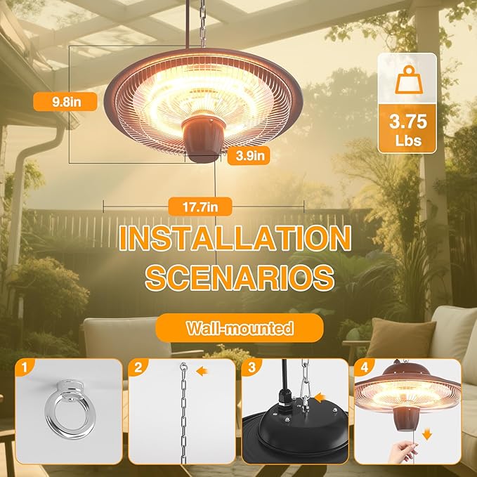 Hanging Patio Heater 1500W/750W, IP34 Waterproof Electric Patio Heater, Ceiling Mount Heater Infrared Gazebo Heater, Heater for Garage Indoor Outdoor Use for Porch Balcony