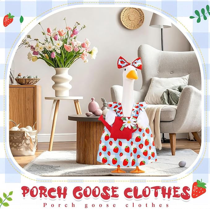 FuWeave Summer Strawberry Goose Outfit Flower Porch Goose Clothes for 23" Large Statue Outdoor Patio Yard Lawn Art Decoration