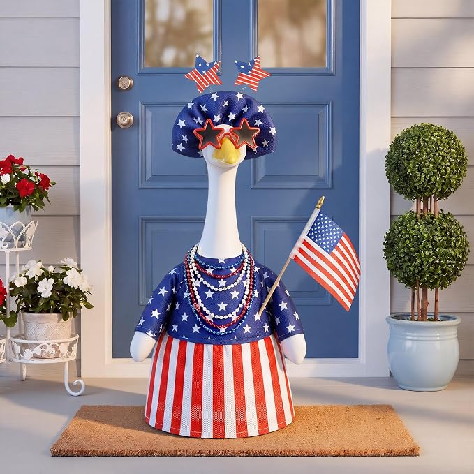 4th of July Porch Goose Outfit American Flag Goose Dress 250th Anniversary Red White and Blue Clothes with Star Headband Costume, Veterans Day Patriotic Yard Decor for 23" Gooses Statue