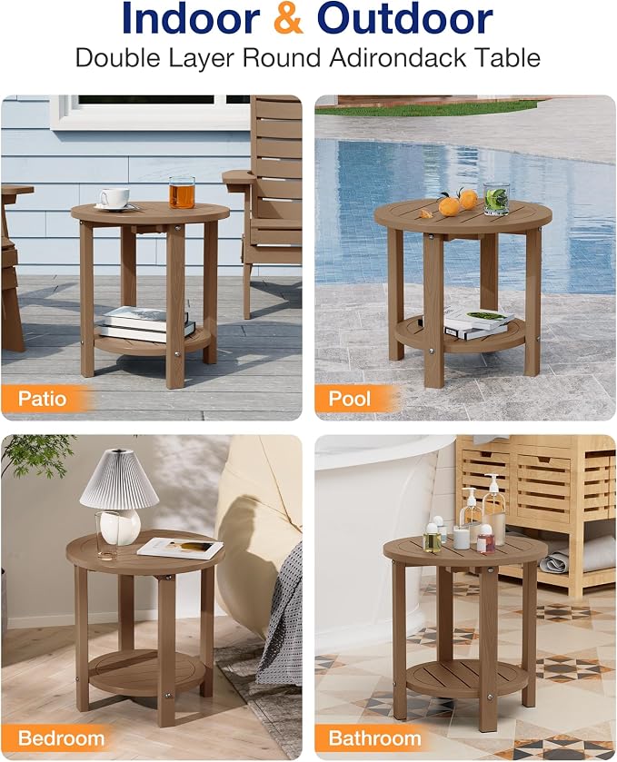 YEFU Outdoor Side Table for Patio: 16in HIPS Small Round Outdoor End Table - 2-Tier Adirondack Tables for Porch Patio Yard Poolside Living Room Beach Bedroom (Teak, 2 Pack)