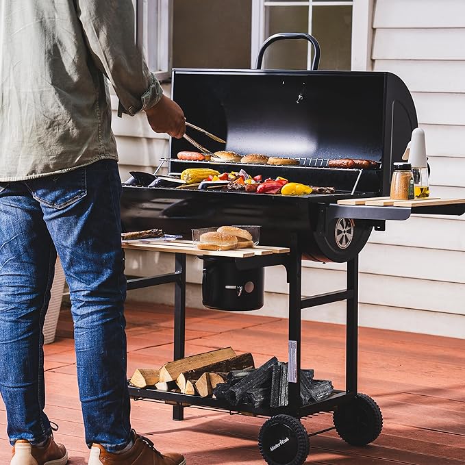 MASTER COOK Barrel Charcoal Grill with Foldable Front Wood Shelf, 686 Sq.in. Cooking Area Outdoor bbq Grill, Thermometer and Adjustable Air Vents for Backyard, Patio, Parties, Tailgating, Black