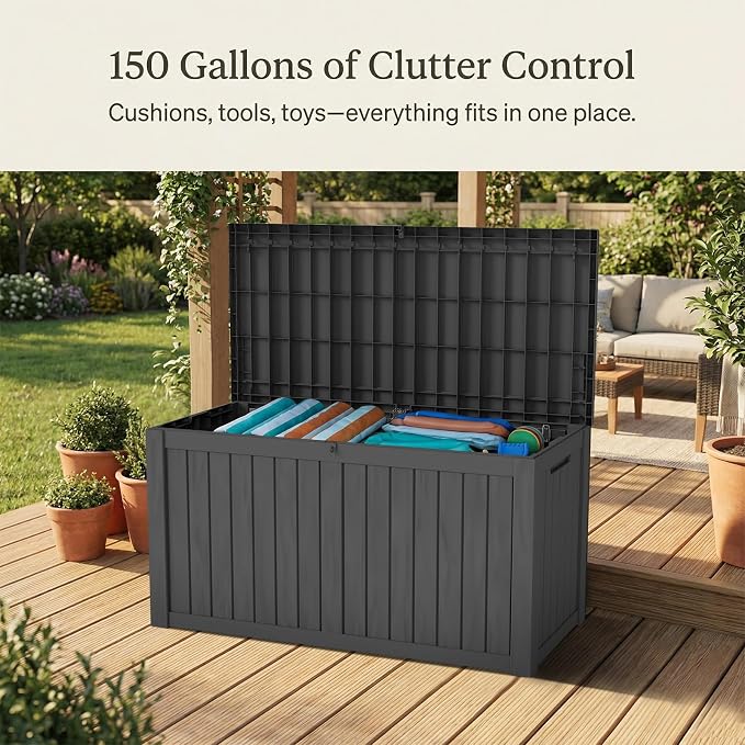 FEFLO 150 Gallon Waterproof Resin Deck Box, Heavy-Duty Outdoor Storage Box | Lockable Lid & UV-Resistant Patio Storage Chest for Garden Tools, Pool Accessories, Package Delivery, Toys, Furniture